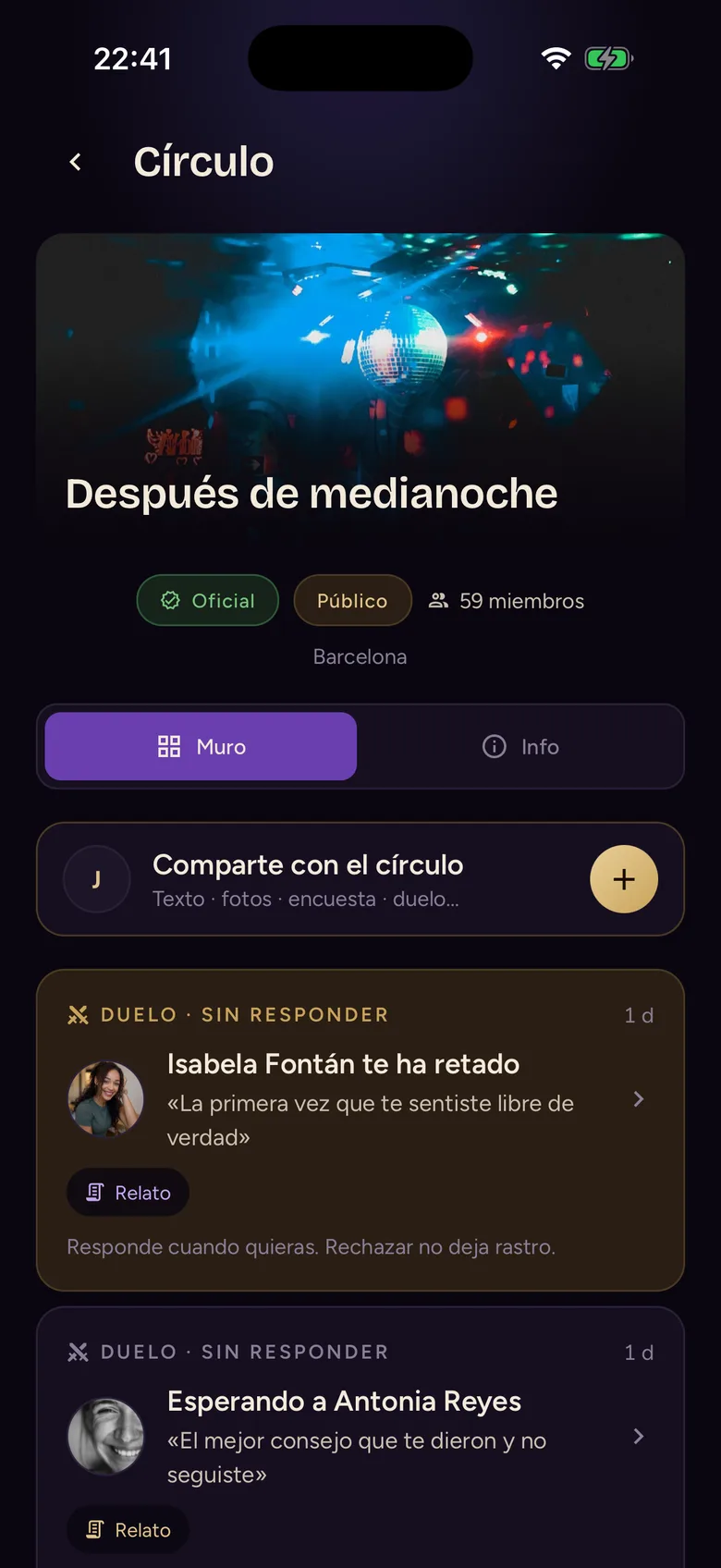 Muro del círculo Después de medianoche en Klambre: portada, insignias de oficial y público, y publicaciones de sus miembros