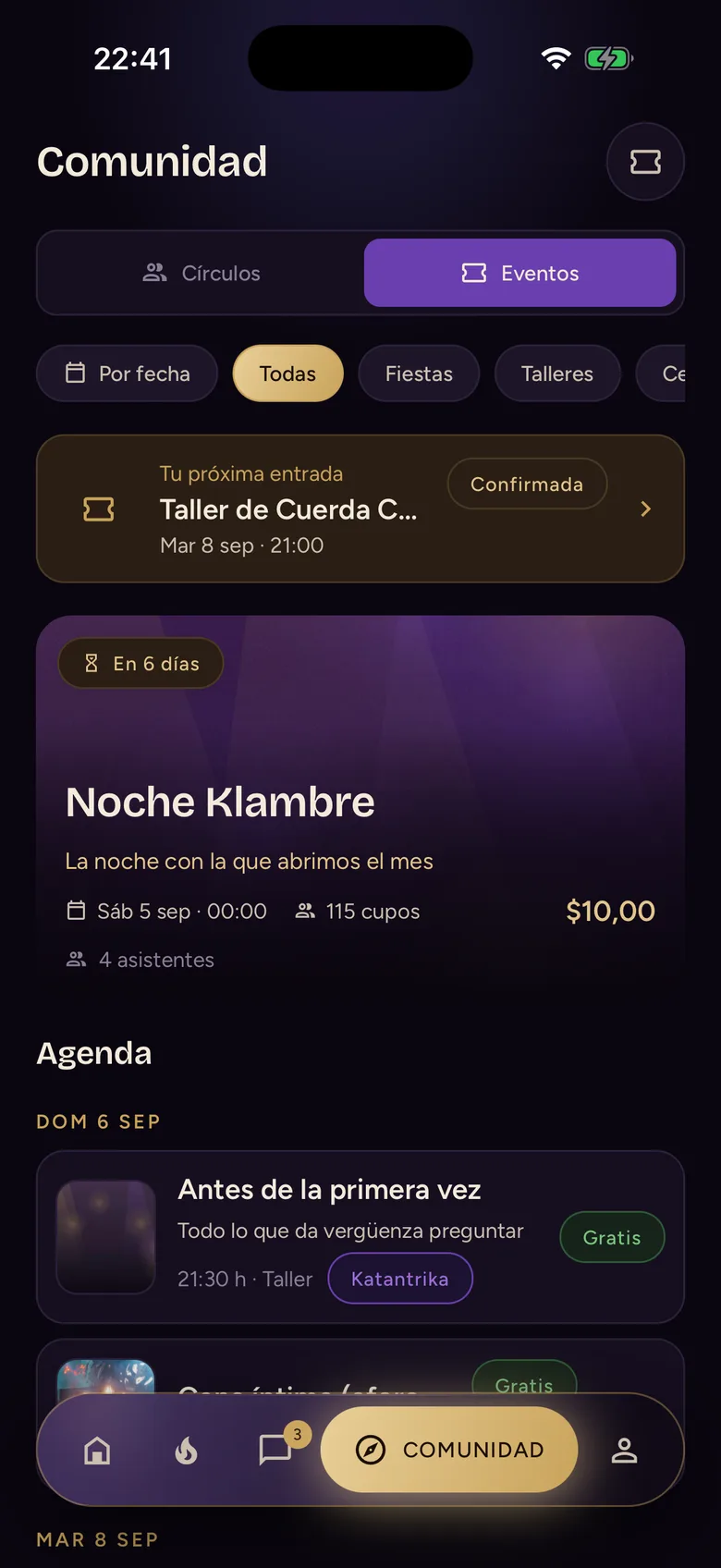 Pantalla de eventos de Klambre con los próximos encuentros, su tipo y el aforo disponible